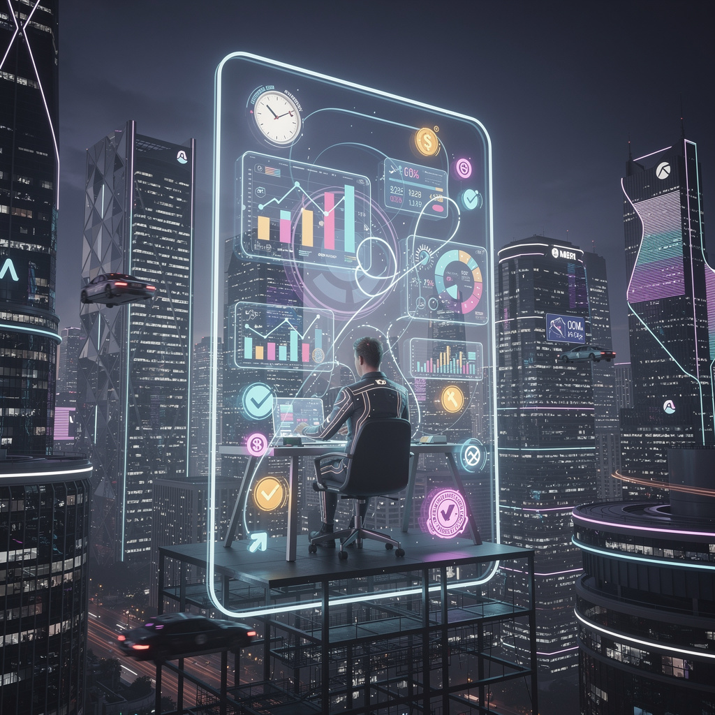 Человек анализирует финансовые предложения в футуристическом городе, где здания символизируют МФО, а голограммы показывают данные о займах на карту.