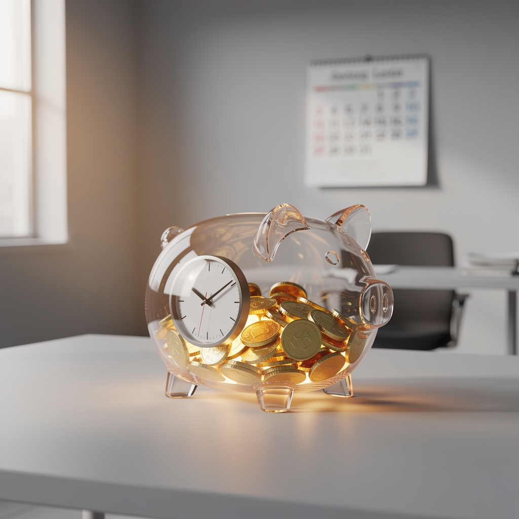 Прозрачная копилка с часами и золотыми монетами на столе, символизирующая займ без процентов до зарплаты.