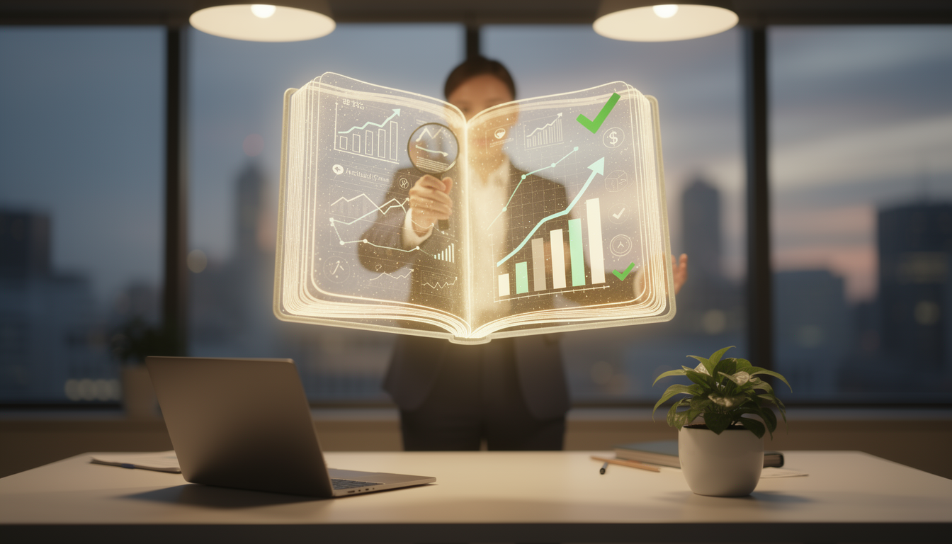 Светящаяся финансовая книга с графиками в современном офисе, символизирующая важность кредитной истории.