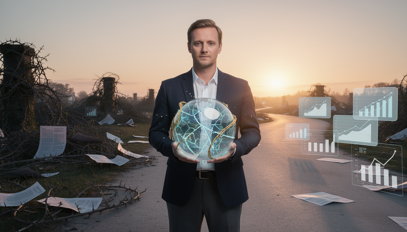 Символическое изображение восстановления кредитной репутации: человек на перепутье держит стеклянную сферу с ремонтируемой сетью кредитного скоринга, глядя на светлый путь к улучшенным финансовым показателям.