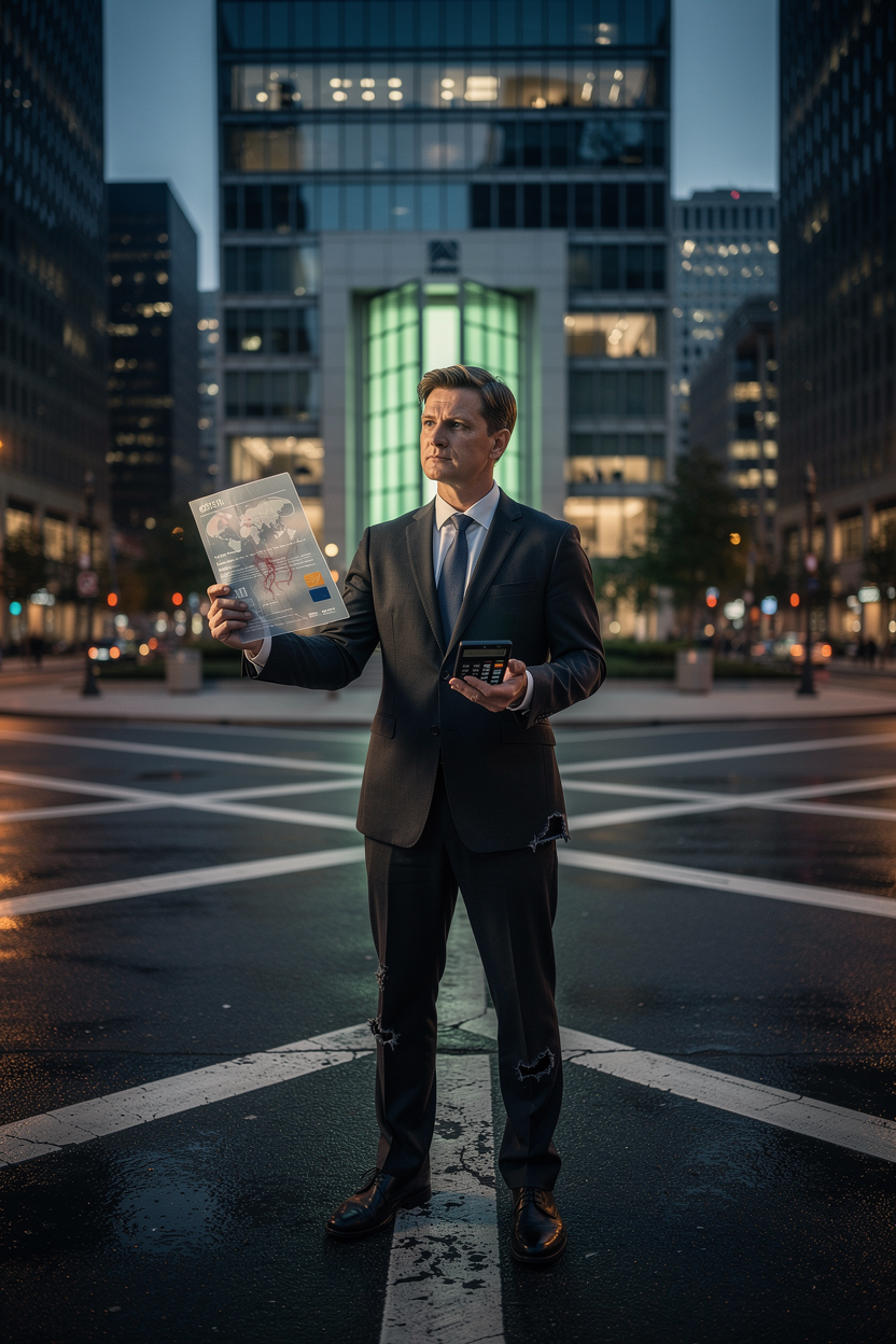 Человек с кредитным отчетом на перекрестке в финансовом районе, символизирующий оценку заявок бывших банкротов банками и МФО.