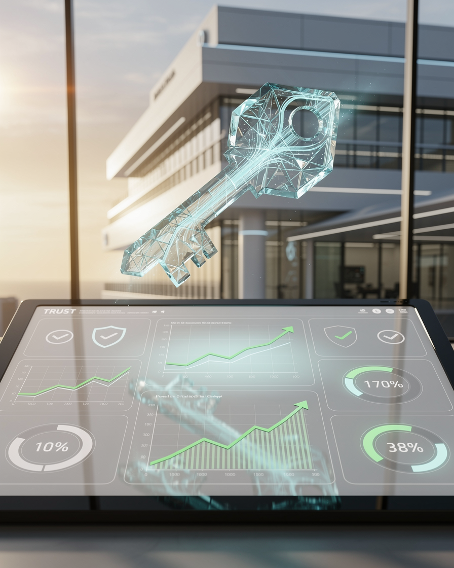 Кристальный ключ парит над финансовой панелью с растущими графиками, символизируя системный подход к повышению шансов на одобрение кредита.