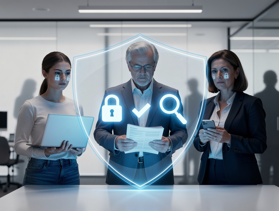 Группа людей изучает документы за защитным барьером, символизируя бдительность при оформлении займов.