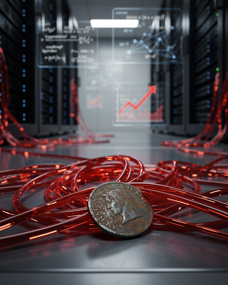Заброшенная монета в 2000 рублей, опутанная красными кабелями в холодном дата-центре с графиками кредитного рейтинга на заднем плане.