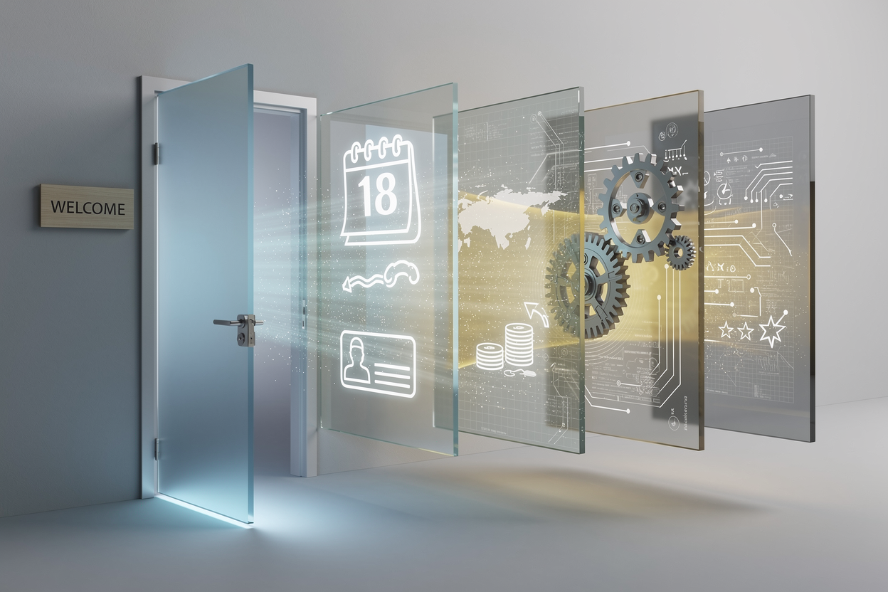 Концептуальное изображение многоуровневой системы проверки заёмщиков, скрытой за простыми условиями доступа.