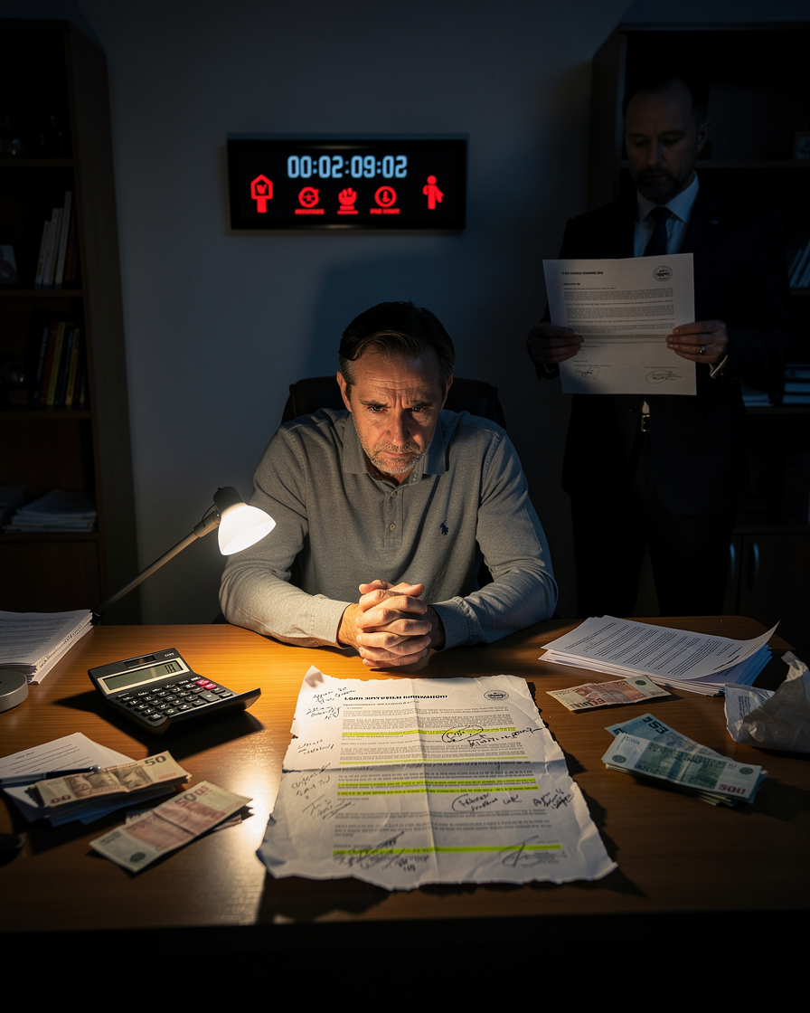 Взволнованный поручитель за столом с договором, в тени кредитора, символизируя требование досрочного погашения.