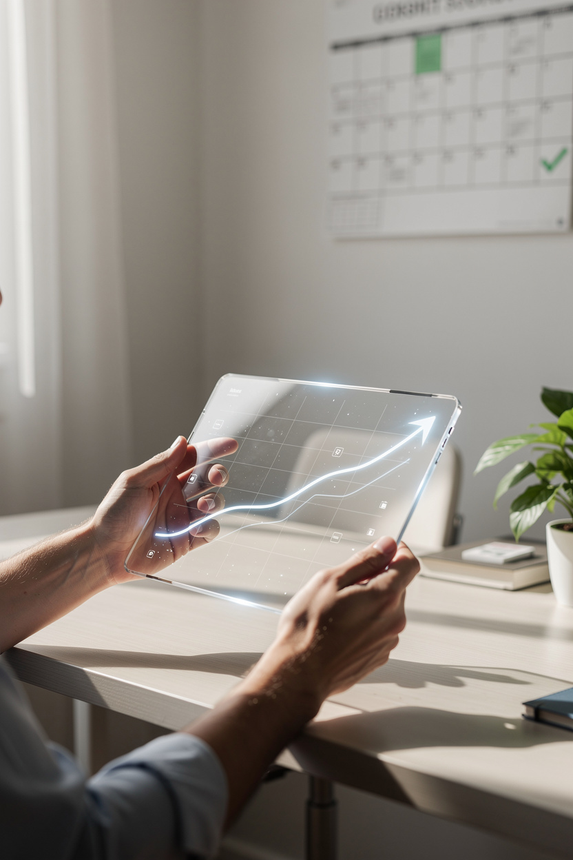 Руки человека держат прозрачный планшет с идеальным графиком кредитной истории в уютном домашнем офисе.