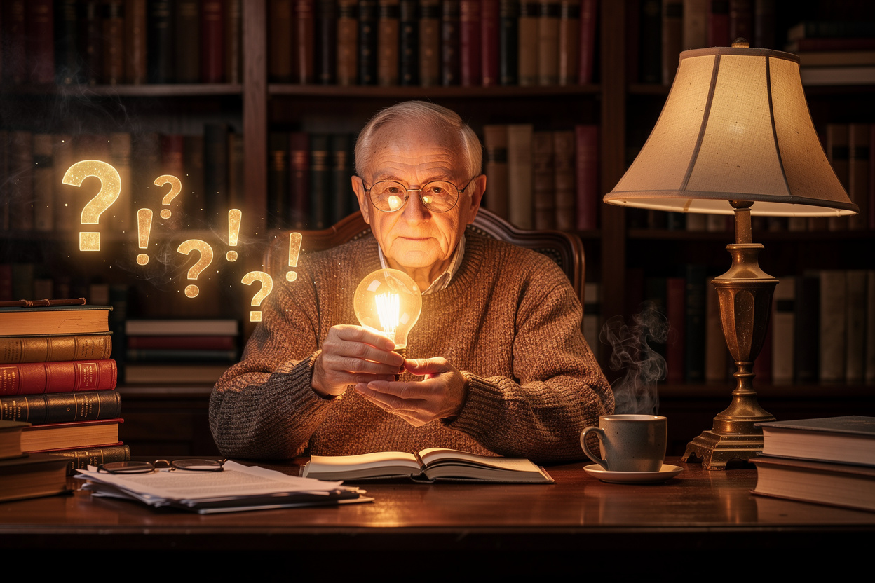 Мудрый эксперт в кабинете с книгами держит светящуюся лампочку, символизирующую ответы на вопросы.