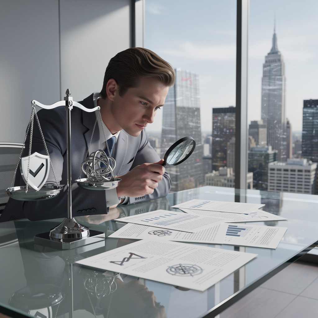 Аналитик изучает финансовые документы, сравнивая надёжные и сомнительные условия на прозрачном столе в современном офисе.