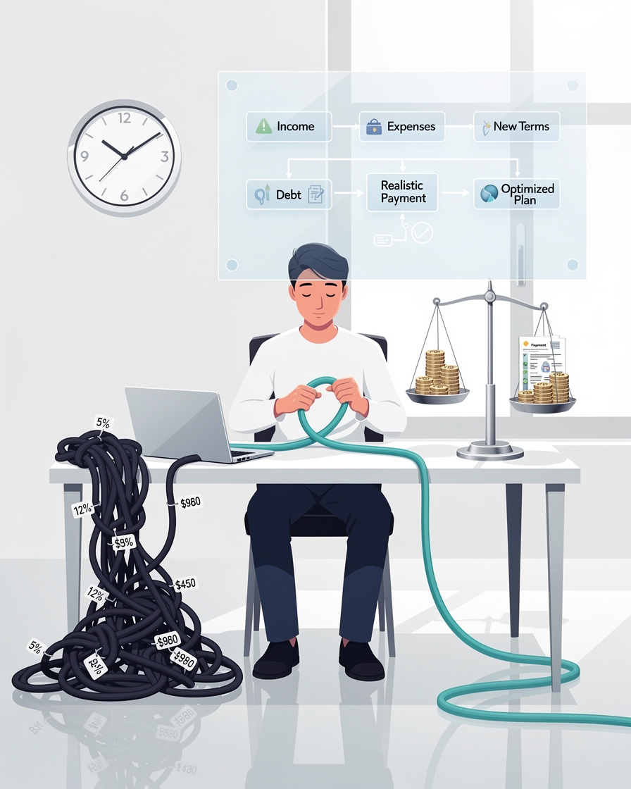 Иллюстрация процесса реструктуризации долга, где человек распутывает сложный узел, символизирующий оптимизацию финансовых потоков.