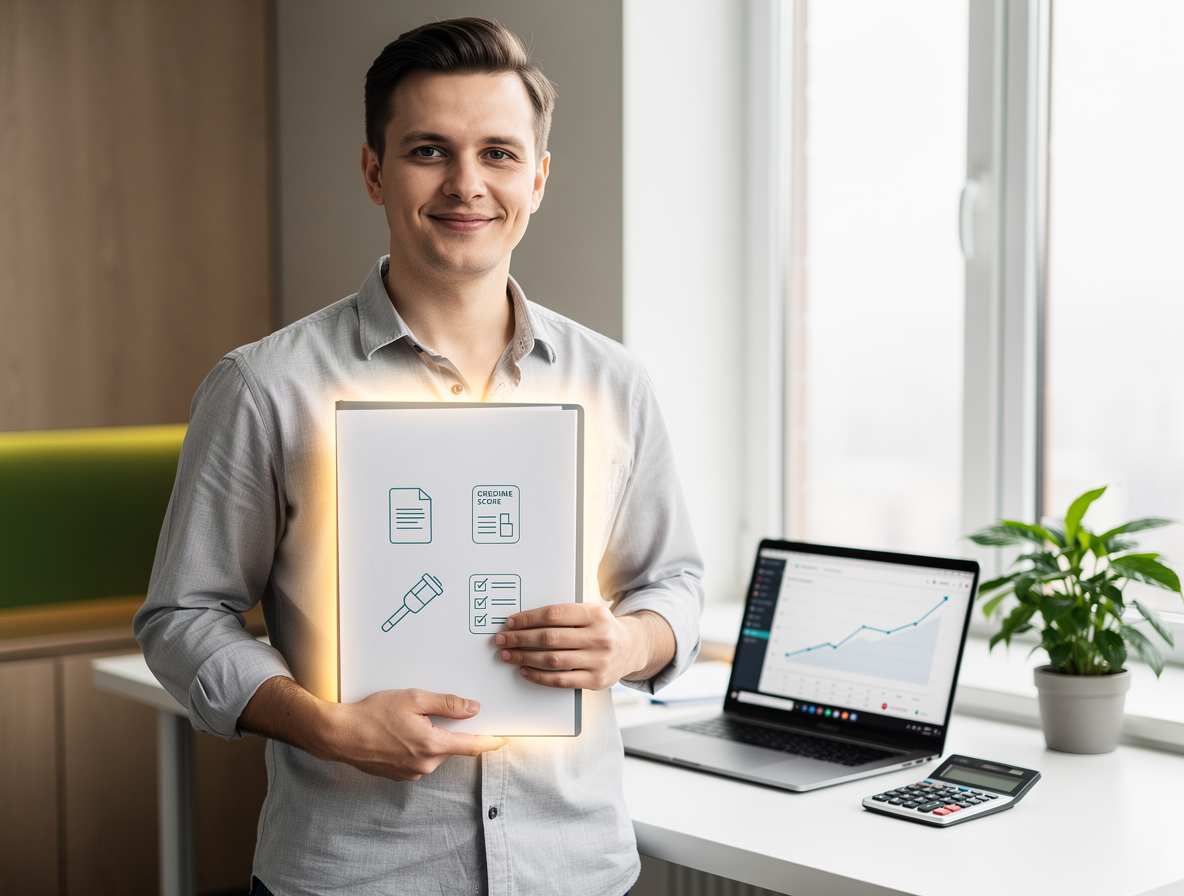 Уверенный человек в современном офисе держит папку с финансовыми документами, символизируя подготовку к одобрению кредита.
