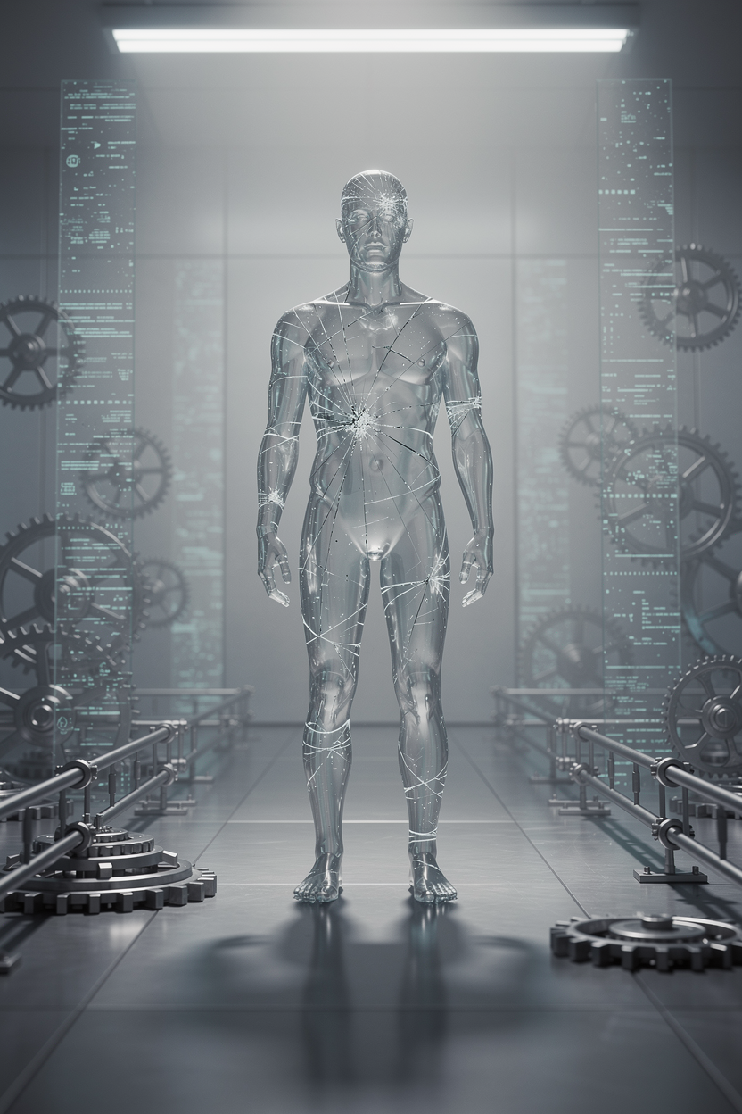 Треснувшая стеклянная фигура в автоматизированной среде, символизирующая ущерб кредитной истории поручителя из-за просрочки.