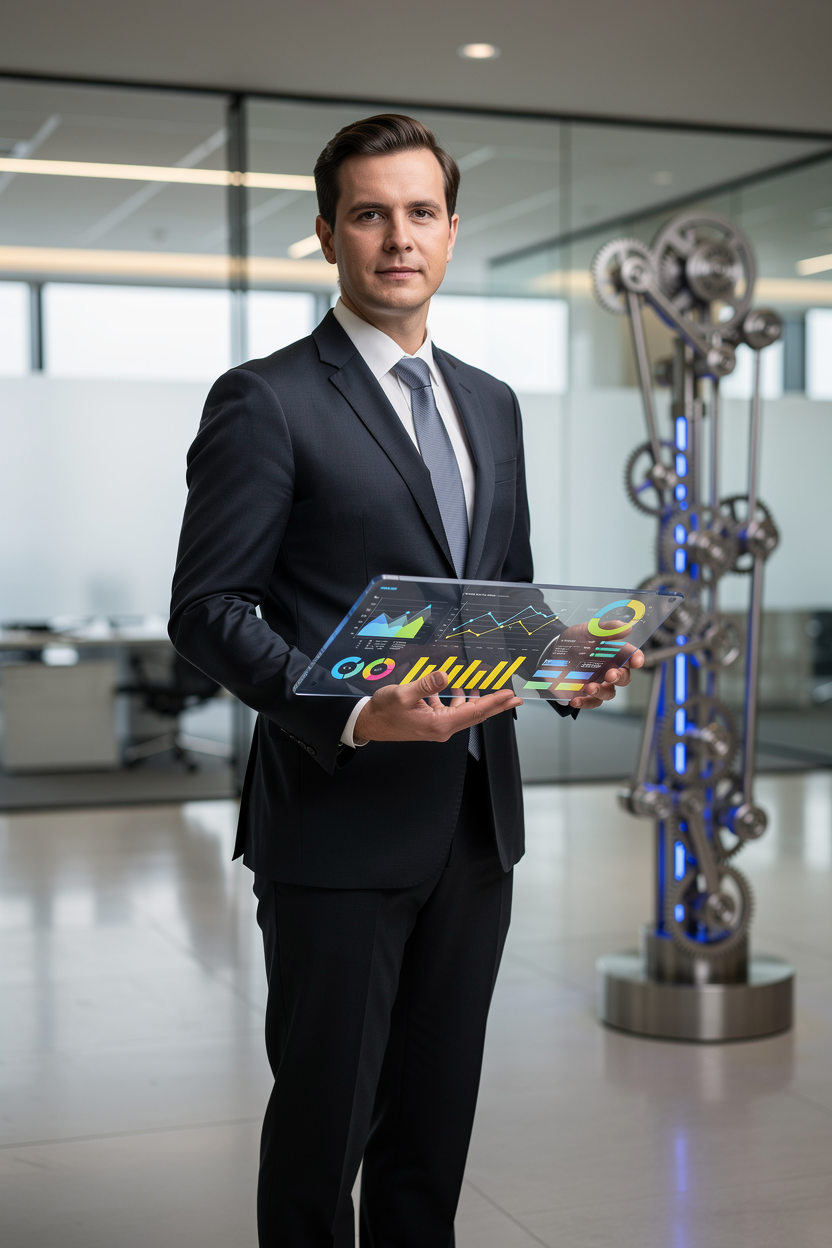 Человек с планшетом, показывающим аналитику, в офисе с символическими рычагами влияния на банк.