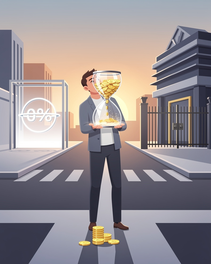 Молодой профессионал с песочницей из золотых монет на перепутье, символизирующий выбор беспроцентного микрозайма с ограниченным сроком и суммой.