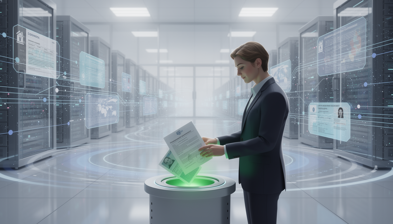 Иллюстрация процесса оспаривания ошибочной записи через БКИ: человек подает заявление в цифровое хранилище данных с подключенными банками.