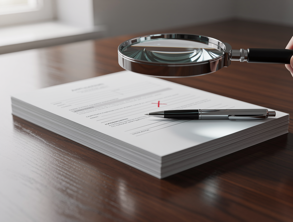 Аккуратный стол с документами и анкетой под увеличительным стеклом, символизирующий избегание ошибок при заполнении.