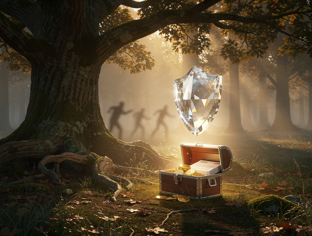 Символическое изображение защиты от мошенничества с помощью правовых инструментов в виде щита и дерева в лесу.