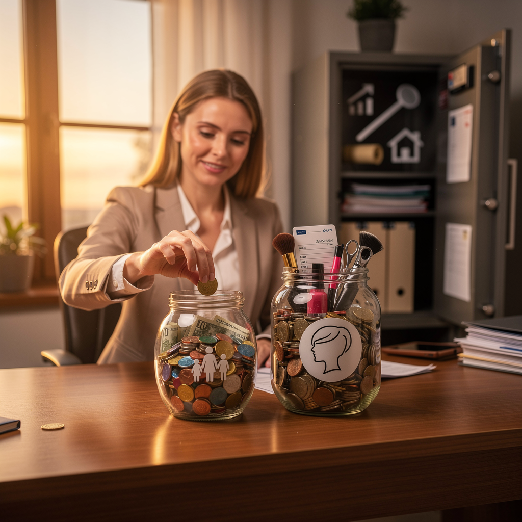 Изображение домашнего офиса с двумя отдельными копилками для личных и бизнес-финансов, символизирующими защиту семейного бюджета.