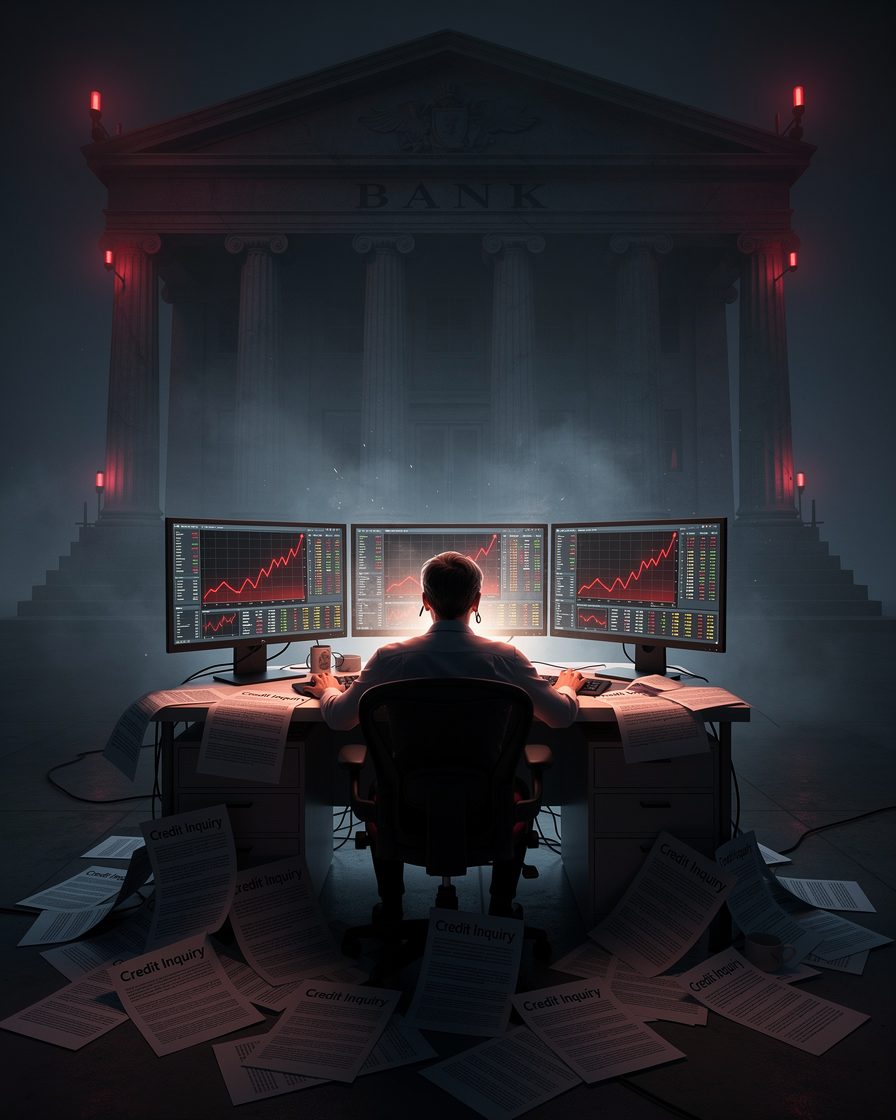 Человек за столом с множественными запросами кредитной истории на экранах, окружённый документами, под угрожающей тенью банка.