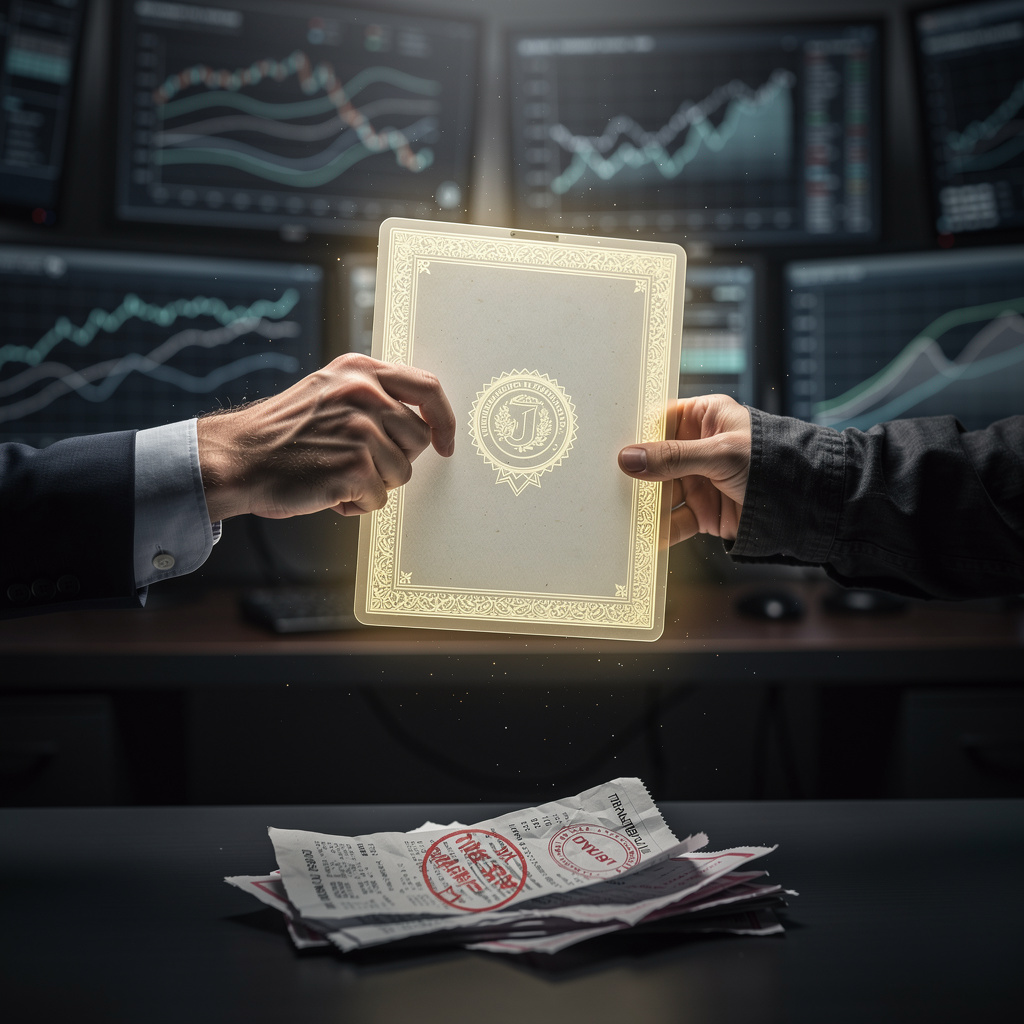 Стилизованное изображение передачи долга по договору цессии от микрофинансовой организации коллекторам на фоне алгоритмических данных.