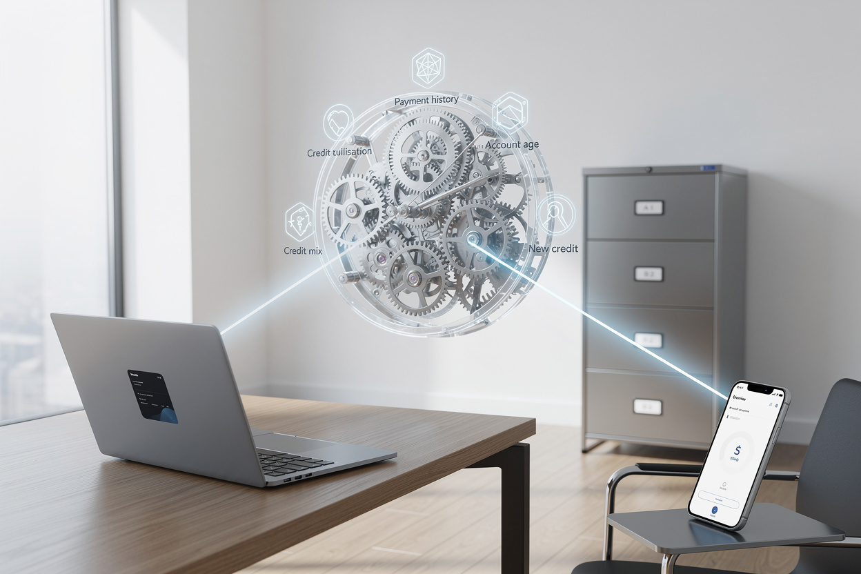 Сложный механизм, символизирующий компоненты кредитной истории, в современном офисе.