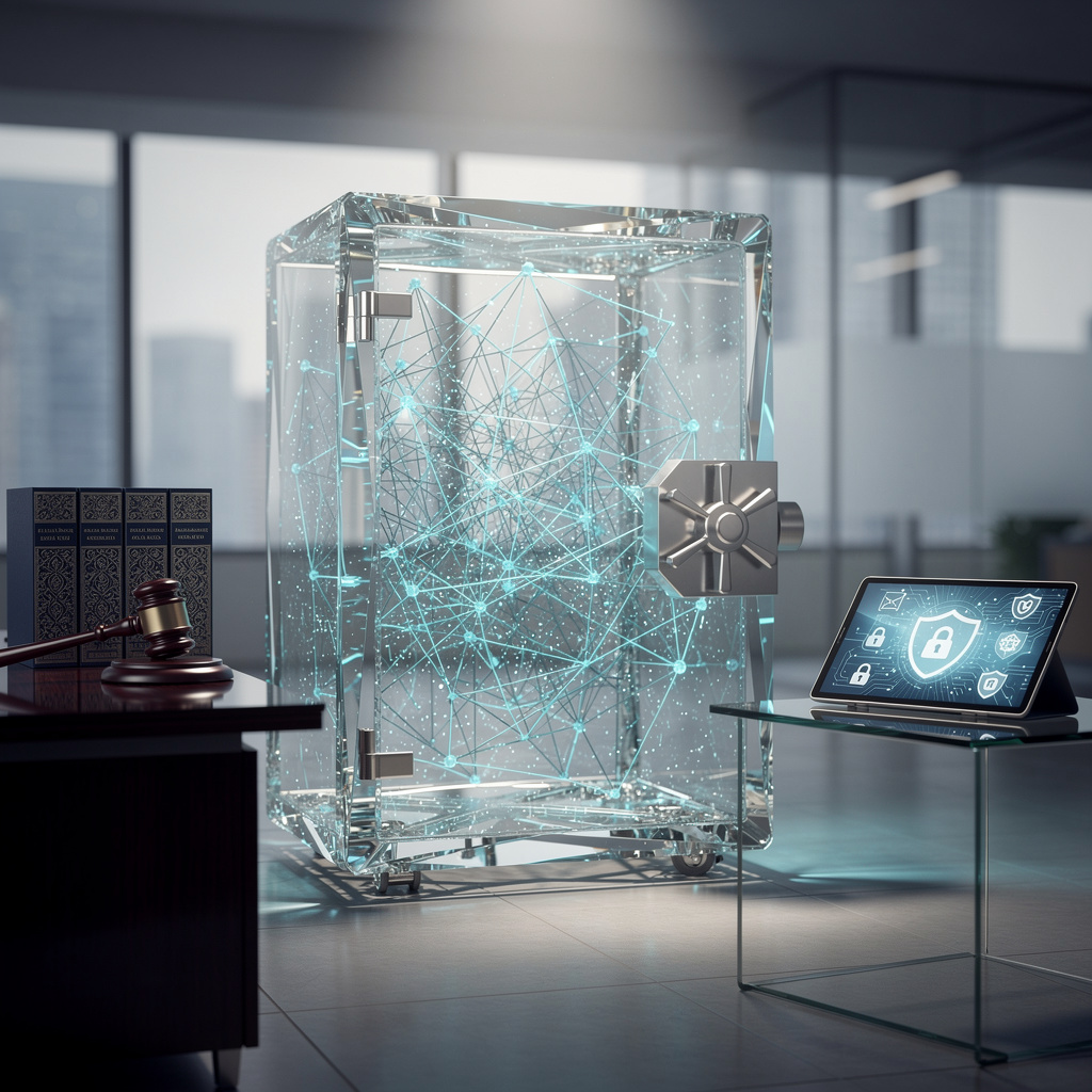 Символическое изображение юридической защиты и безопасности кредитной истории: кристальный сейф с цифровыми данными в современном офисе с элементами права.