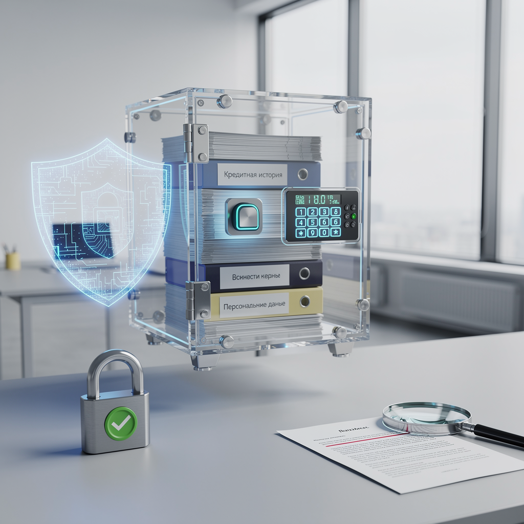Цифровой сейф с биометрической защитой в современном офисе, символизирующий безопасность кредитной истории и личных данных.