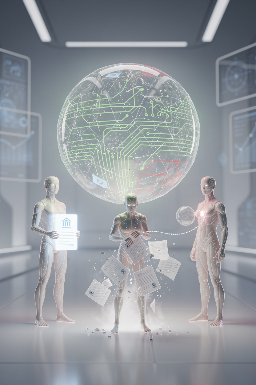 Прозрачный кристальный шар с данными кредитной истории в футуристической комнате, окружённый светящимися фигурами, символизирующими подачу заявок и влияние других лиц.