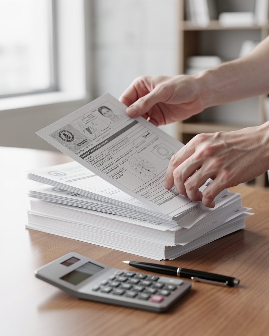 Руки человека упорядочивают документы на столе в офисе для оформления займа.