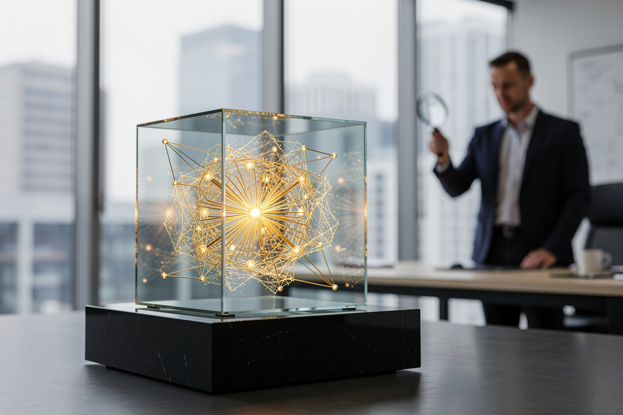 Прозрачный стеклянный куб с золотой сетью внутри, символизирующей кредитную историю, стоит на пьедестале в современном офисе, где человек изучает его с лупой.