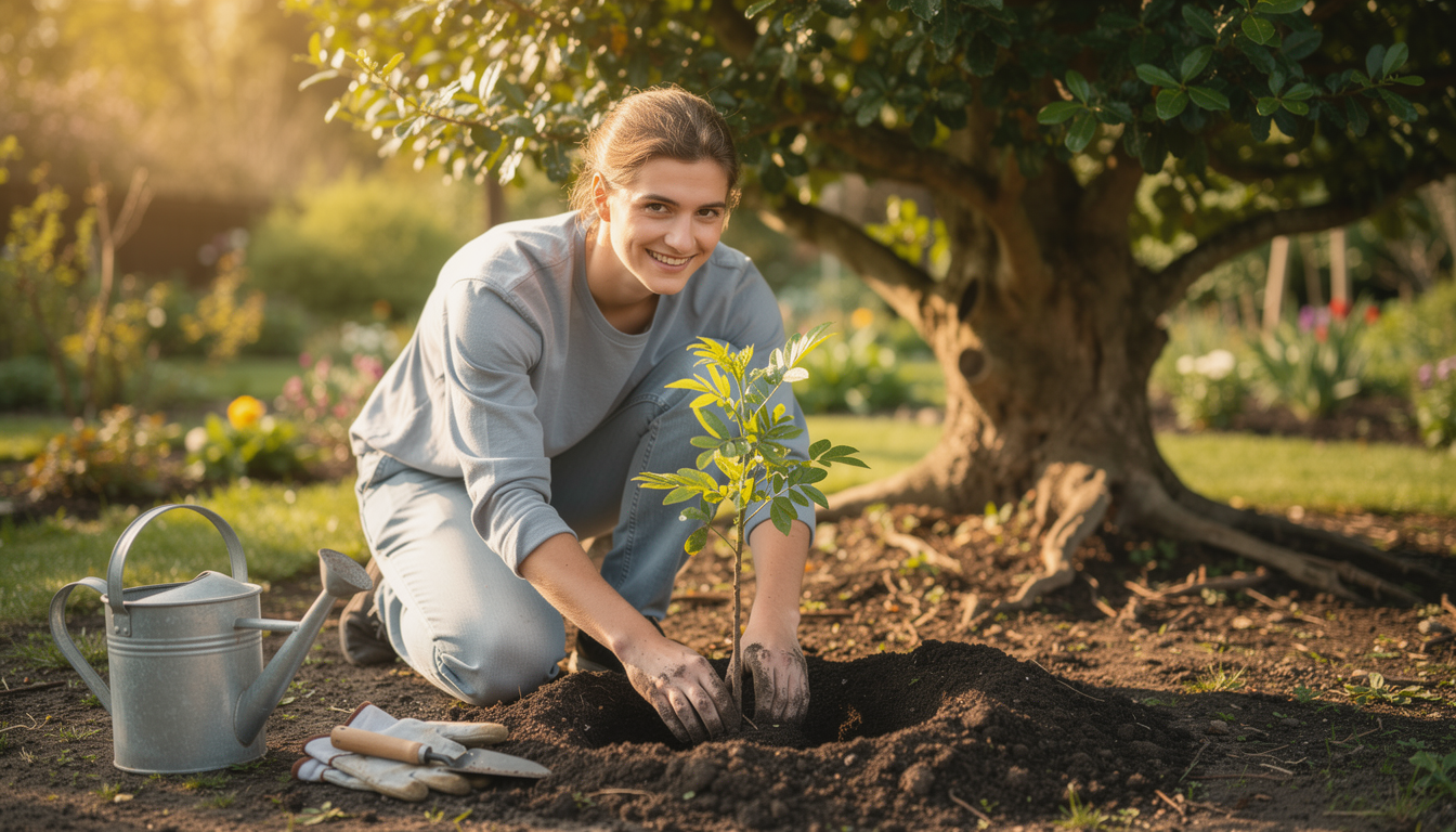 Молодой человек сажает деревце в саду, символизируя начало построения кредитной истории с нуля.