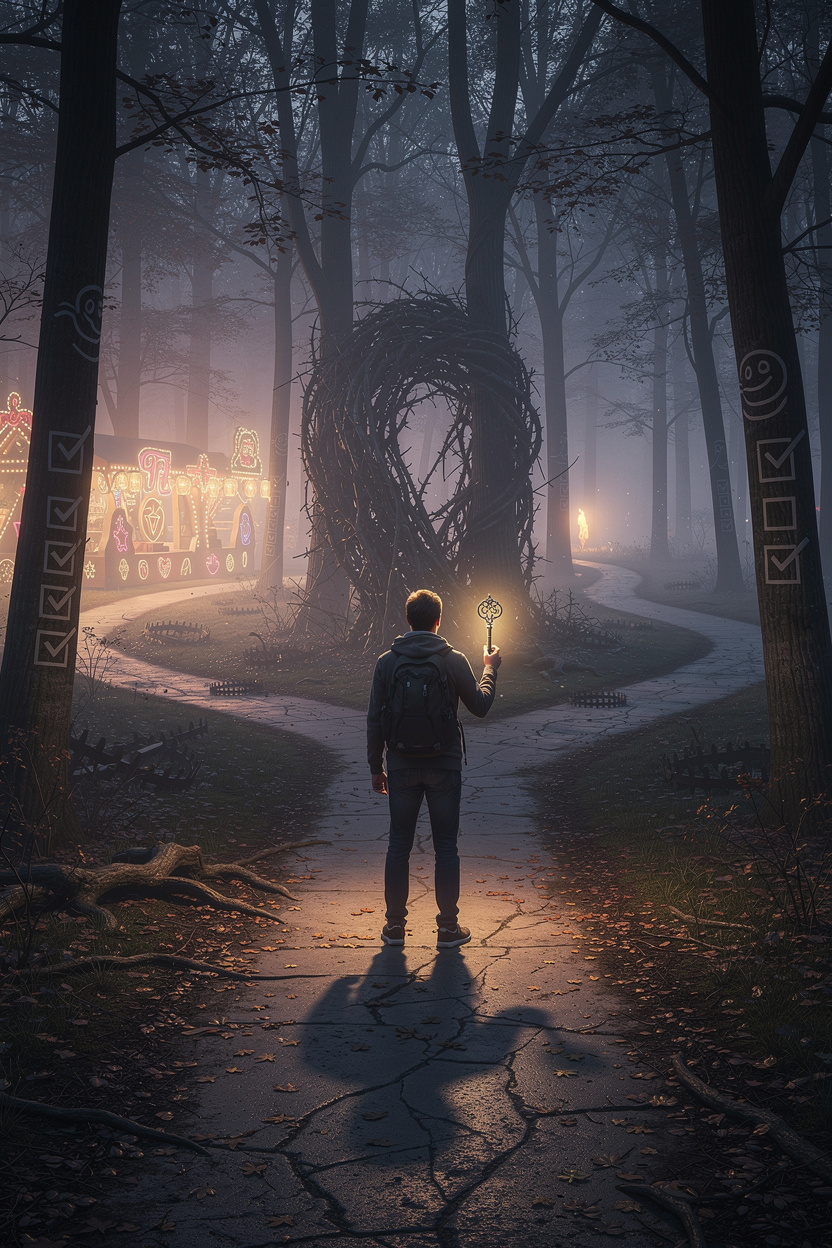 Человек стоит на перепутье в туманном лесу, держа треснутый ключ, с путями, символизирующими риски первого кредита: яркий с ловушками, тёмный с колючками и узкий к свету.