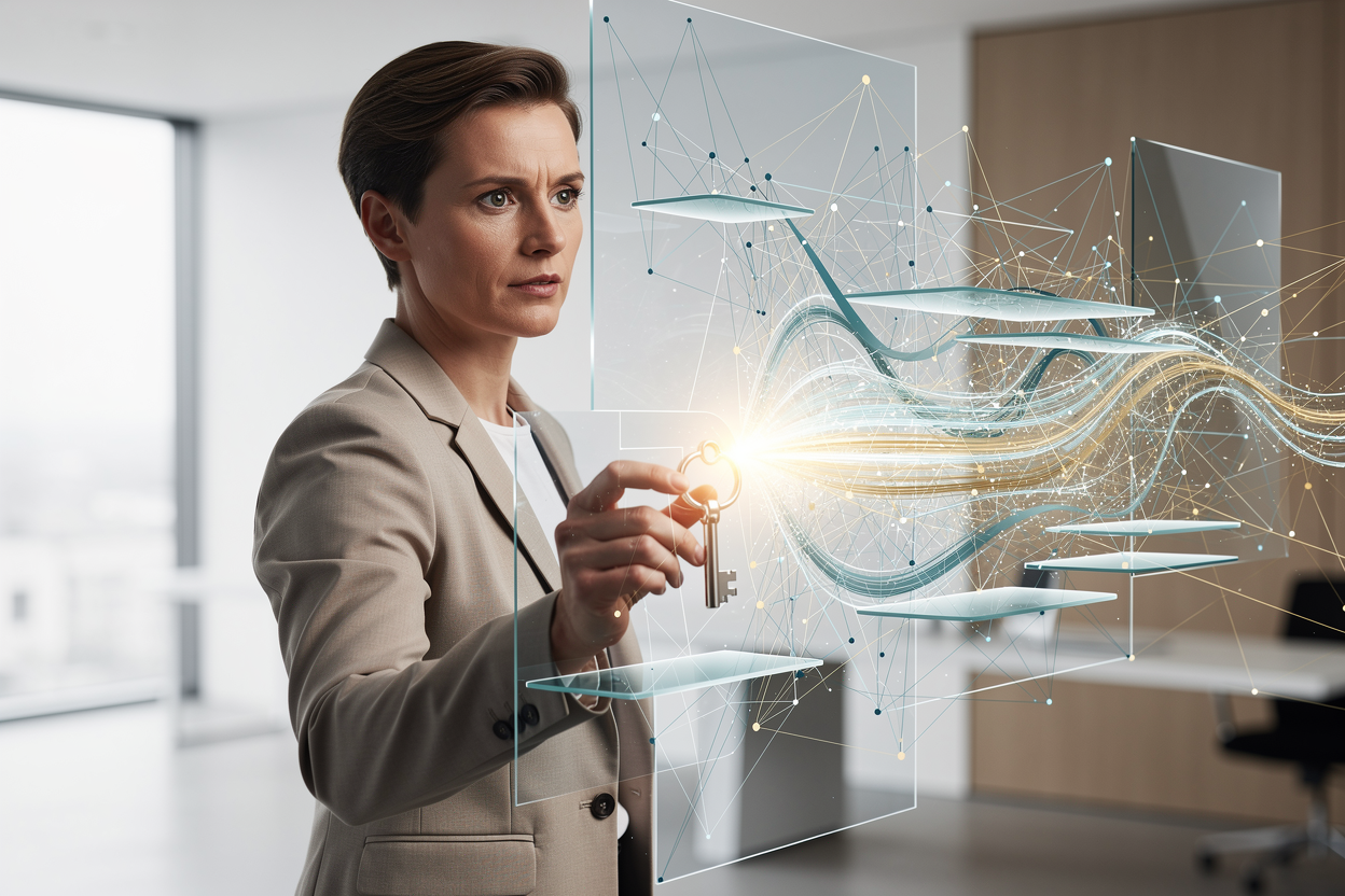 Человек в офисе преодолевает сложную финансовую сеть, символизирующую три микрозайма, чтобы получить новый займ.