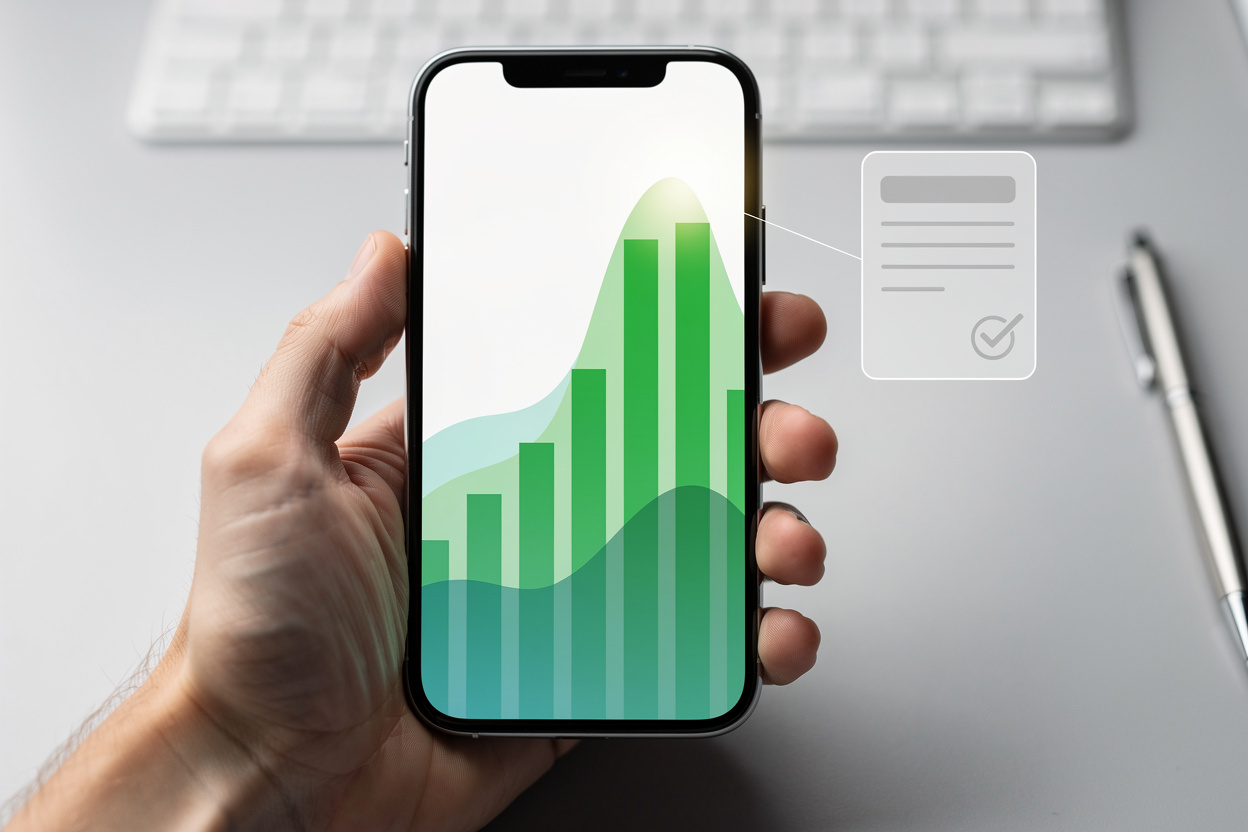 Рука держит смартфон с графиком кредитной истории на фоне стола, символизируя бесплатный доступ к информации.