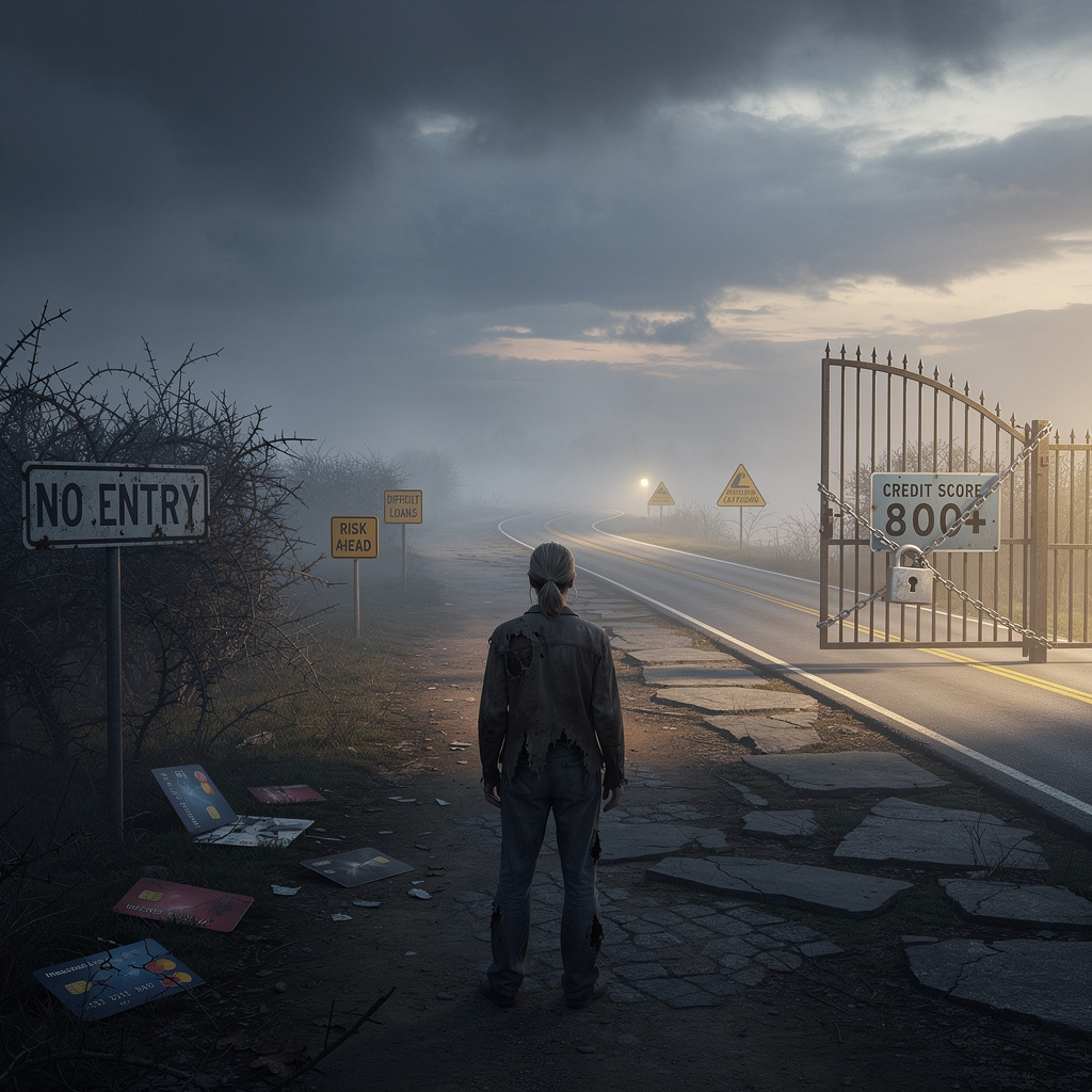 Человек на перепутье в туманной местности, символизирующий сложный выбор при плохой кредитной истории и просрочках по займам.