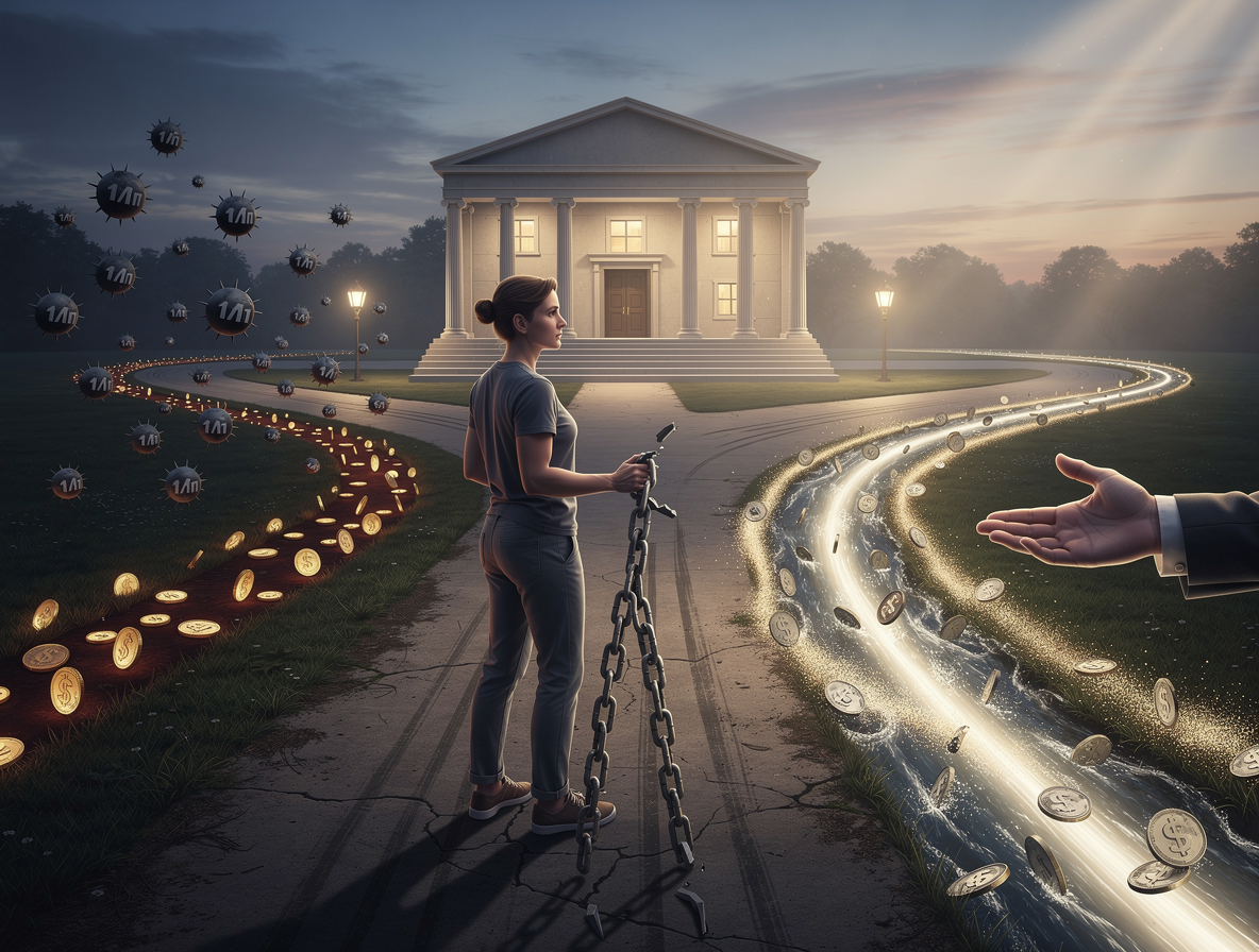 Человек на перекрёстке финансовых путей, выбирающий альтернативы микрозаймам среди других долгов.