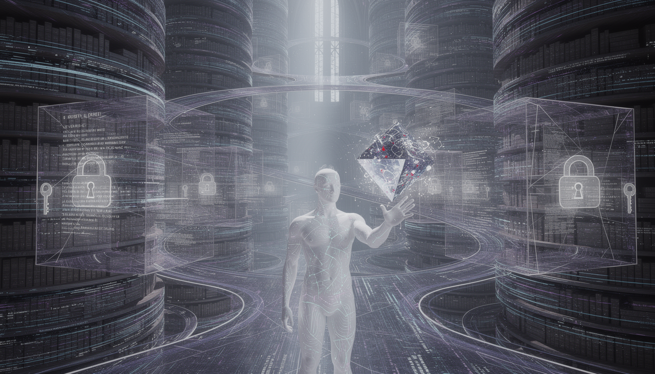 Футуристическая библиотека с цифровыми потоками данных, символизирующая запрос кредитной истории в БКИ.