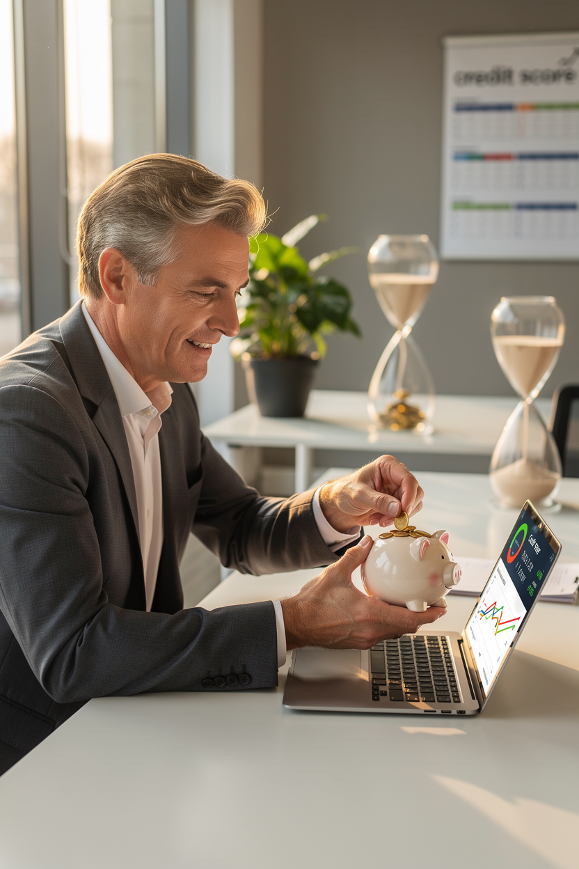 Маркетинг-директор в офисе анализирует улучшение кредитного рейтинга, символизируя стратегии восстановления финансовой репутации.