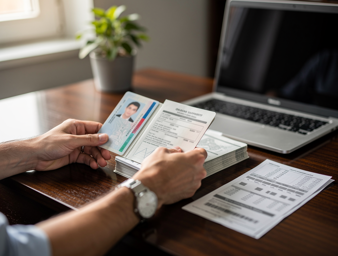 Руки человека аккуратно раскладывают документы для получения займа на столе в домашнем офисе.