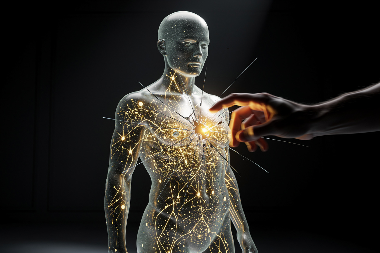 Символичное изображение прозрачного силуэта человека с внутренней сетью кредитной истории, в которую пытается проникнуть чужеродная рука.