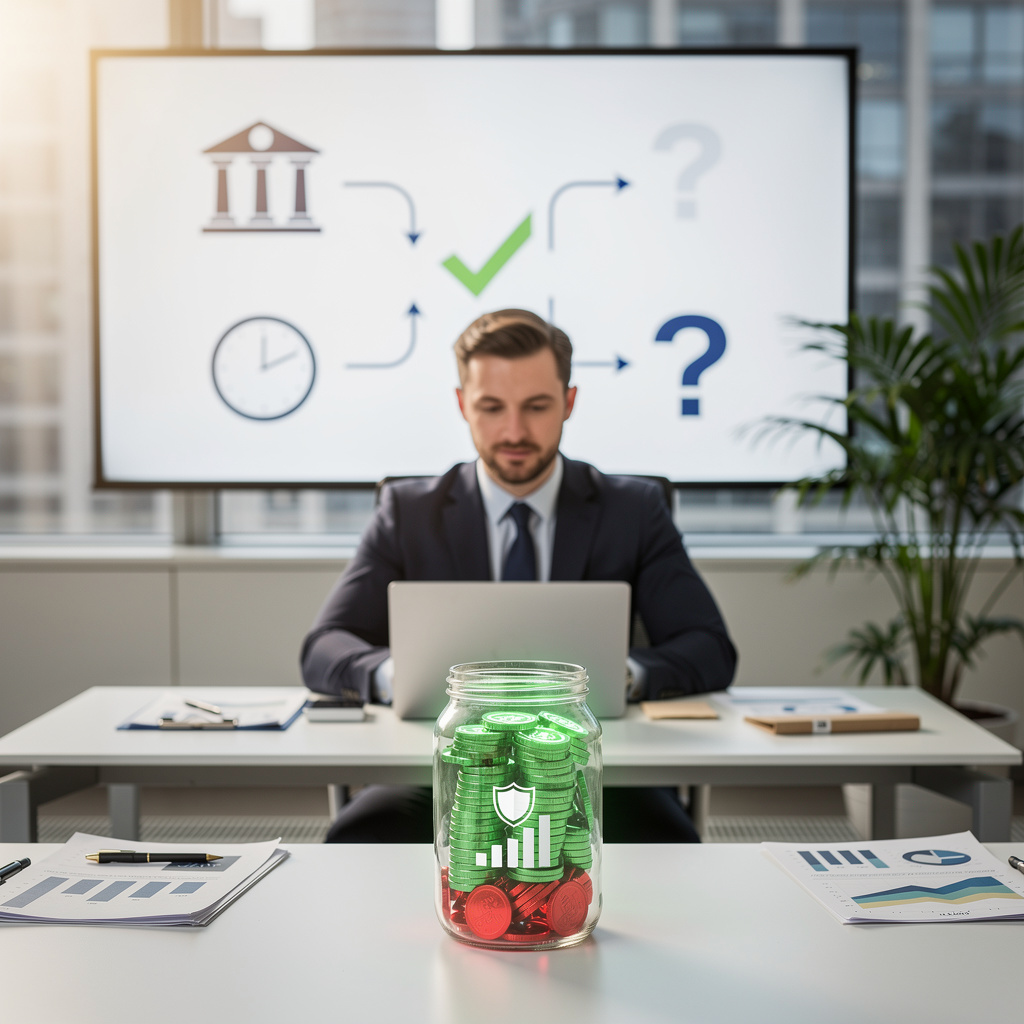 Бизнес-лидер в офисе анализирует кредитную историю, представленную символическими элементами: банк, часы, галочки и вопрос, на фоне оптимистичной обстановки.